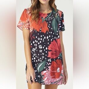 MINKPINK Black and Red Floral Shift Mini Dress With Polka Dots Short Sleeve Sz S
